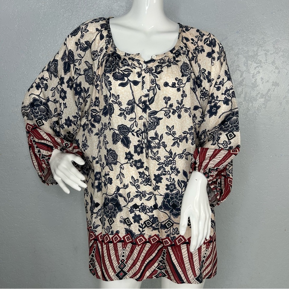 Pete & Greta by Johnny Was Satin Floral Balloon Sleeve Peasant Top Size Large